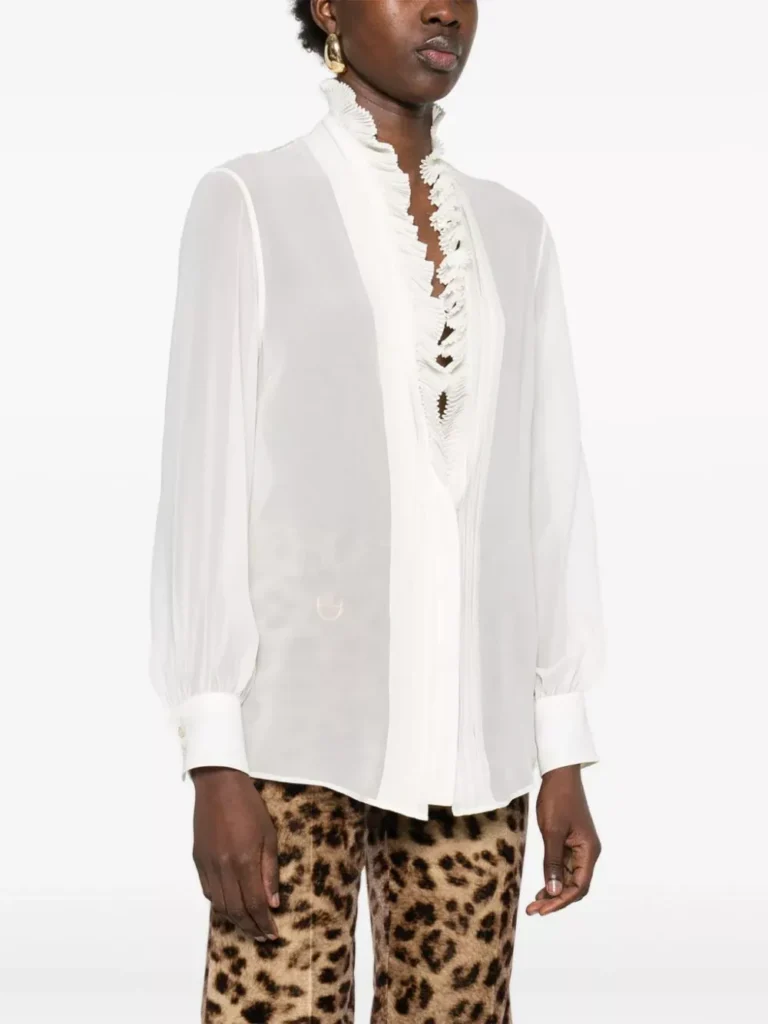 Tom Ford Silk Georgette Blouse with Ruffled Deep V-Neckline