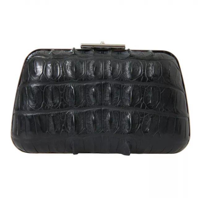 BALENCIAGA Black Crocodile Skin Leather Clutch Bag